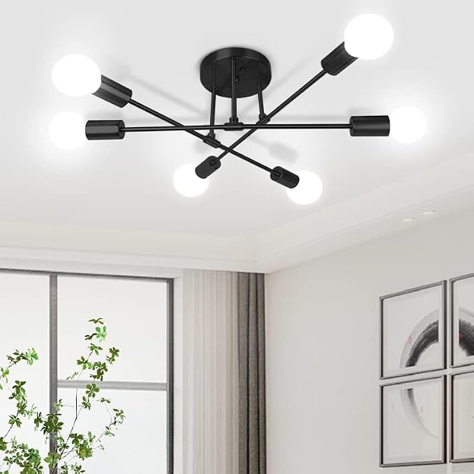 CANMEIJIA Modern Sputnik Chandelier Ceiling Light Fixture with 6 Lights Black Mid Century Ceiling Mount Lights Fixture for Bedroom, Dining Room, Living Room, Kitchen, E26 Base, Bulbs Not Included - Image 2