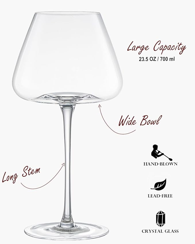 Hand-Blown 23.5OZ Crystal Wine Glasses Set of 4 for Pinot Noir, Burgundy, Bordeaux, Large Lead-Free Crystal Glasses with Unique Bottom Design for Red, White Wine, Big Oversized Glasses - Image 6