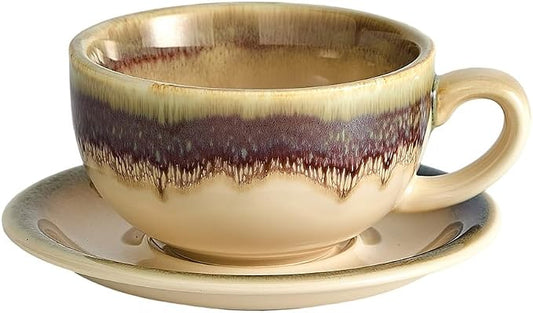 Coffeezone Vintage Design 12 oz Ceramic Latte Art Cappuccino Barista Cup with Saucer (Brown) by Coffeezone