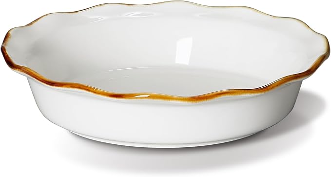 ONEMORE 9-Inch Deep Dish Pie Pan - Ceramic Pizza Pan for Oven, Baking Chicken Pot Pie, Quiche & Tarts - Rustic White Dish for Perfectly Crispy Crust, Large Ruffled Baking Plate by ONEMORECeramics