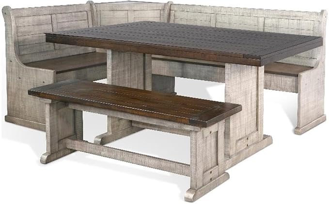 Pemberly Row 3-Piece Traditional Solid Wood Breakfast Nook Set with Table, Storage Space, Foldable Corner Shelf, Fit Any Space Blending Style and Function, in Gray & Brown Finish by PEMBERLYROW