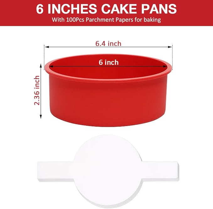 Alimat PluS 6 Inch Cake Pans Silicone, 4 Pack Round Cake Molds with 100 Pieces Parchment Paper, Small Cake Pans for Multilayer Cakes, Puddings
