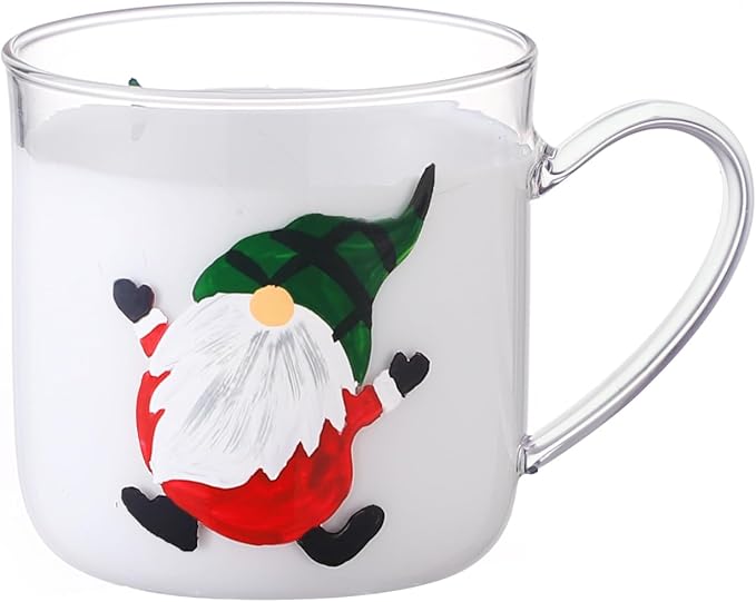 12oz/350ml Hand Painted Glass Cups With Handle,Clear Glass Coffee Cups,Coffee Glasses For Hot Beverages,Clear Mugs (Green Hat Santa)