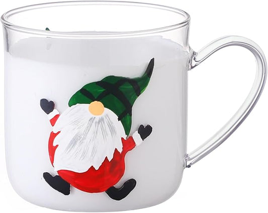 12oz/350ml Hand Painted Glass Cups With Handle,Clear Glass Coffee Cups,Coffee Glasses For Hot Beverages,Clear Mugs (Green Hat Santa)