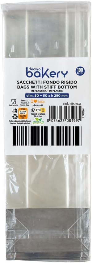 Decora 5855041 Pack of 100 Clear Plastic Food Bags with Hard Cardboard Base 80 + 50 x 280 H mm for Packing Sweets, Biscuits and Sweets by DECORA