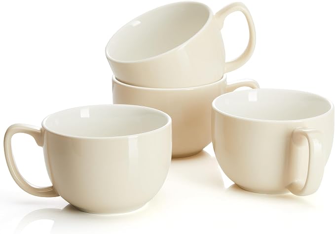 Teocera 16oz Large Coffee Mugs Set of 4 - Thick Cream Porcelain Cups for Cappuccino, Latte, Tea & Hot Chocolate - Dishwasher Safe Ceramic with Comfort Grip Handles by Teocera