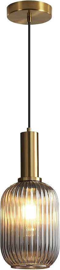 KCO Farmhouse Small 5.1” Smoke Gray Ribbed Cylinder Glass Pendant Light | E26 Bulb Hardwired, Adjustable Cord MCM Vintage Ceiling Hanging Lamp for Sloped Ceiling Kitchen Island Dining Room Bedroom by KCOLighting