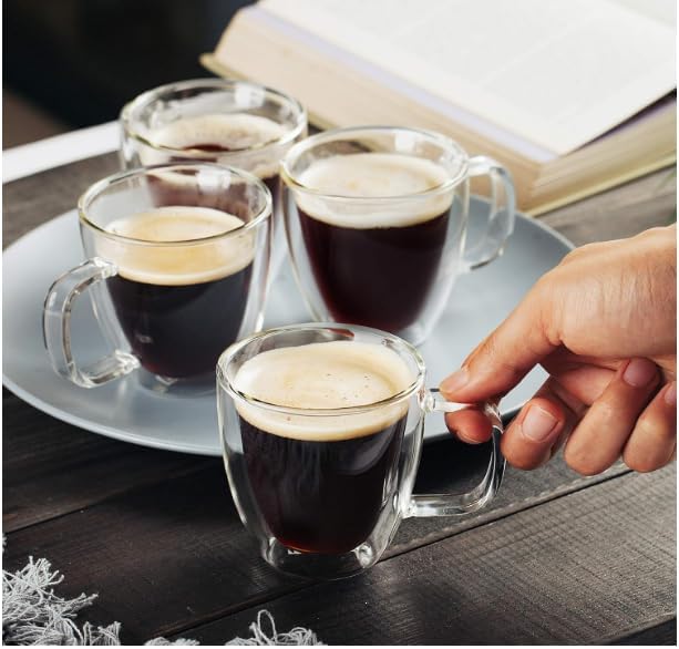 BTaT- Espresso Cups, Espresso Coffee Cups, Set of 4 (5 oz, 150 ml), Glass Coffee Mugs, Double Wall Glass Cups, Cappuccino Cups, Latte Cups, Latte Mug, Clear Coffee Cup, Espresso Glass, Glass Tea Cups