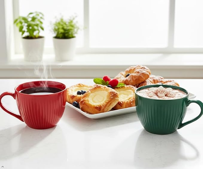 24 oz Large Ceramic Coffee Mug Set of 2, Red & Green Ribbed | Jumbo Mugs with Handle, Giant Soup Cups for Hot Chocolate, Latte, Oatmeal - Ideal Gift for Dad & Grandpa, Large Soup Bowl - Image 7