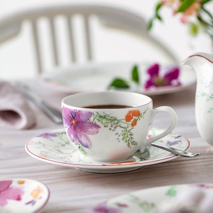 Villeroy & Boch Mariefleur Basic Coffee, Beautiful Premium Porcelain Saucer with Playful Flower Decoration, Dishwasher Safe, 16 cm | Pastel floral porcelain saucer with a red border, made in Germany, dishwasher and microwave safe, suits the coffee table - Image 4