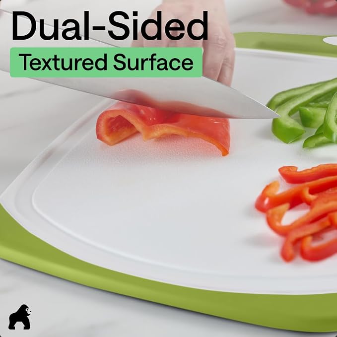 GORILLA GRIP BPA-Free Reversible Kitchen Cutting Board Set of 3, US Designed, Nonporous, Juice Grooves Catch Liquid, Slip Resistant Border, Dishwasher Safe, Durable Food Chopping Boards, Lime Green - Image 6