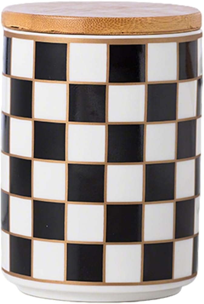 Kitchen Countertop Ceramic Checkered Canisters,Black And White Food Storage Containers With Lid,Airtight Kitchen Canisters for Flour, Sugar, Coffee, Tea, and Dry Goods (Black, Small) by XYQXYQ