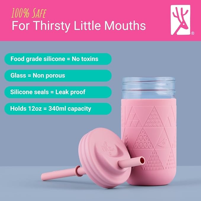Elk and Friends Kids + Toddler Glass Cups | The Original 12oz Glass Mason Jar with Sleeves + Lids | Silicone Straws + Stopper | Smoothie Cup | Food Storage | Spill Resistant | Dishwasher Safe | 4 Pack