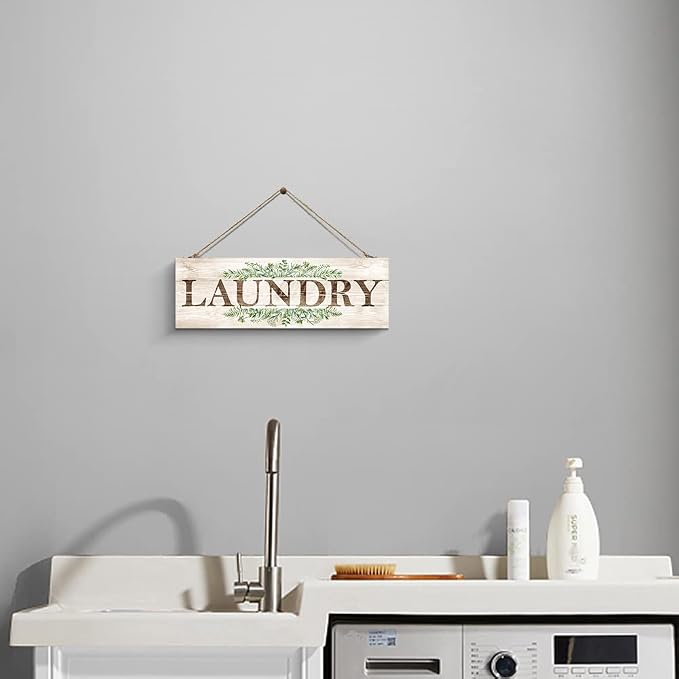 Laundry Sign Wall Decor, Laundry Wall Art with Plant Print, Rustic Farmhouse Wall Hanging Wooden Plaque for Home Decorative (Laundry), 4.7 x 13.7 inches - Image 6