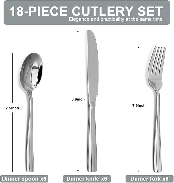 Silverware Set,18/10 Stainless Steel 18Piece Silverware Set For 6,With Dinner Knives Spoon Forks Set for Home, Kitchen and Restaurant, Mirror Polished& Dishwasher Safe - Image 2