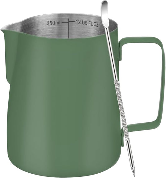 Amrules Milk Frothing Pitcher, 12 oz Milk Frother Cup with Clear Scale, 304 Stainless Steel Cappuccino Espresso Machine Accessories for Barista Coffee Bar with Latte Art Pen, Green by Amrules