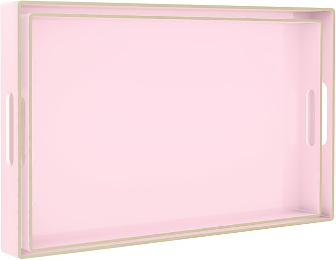 MAONAME Pink Serving Tray with Handles, Plastic Decorative Tray Set of 2 | Pink Decorative Tray for Coffee Table, Modern Ottoman Tray, Rectangle Melamine Tray for Living Room, 15.8"L x 10.2"W x 1.4"H by MAONAME