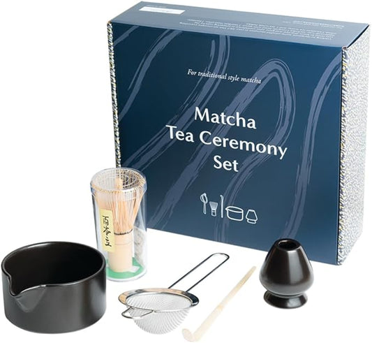 Naoki Matcha Complete Matcha Tea Ceremony Set - Includes: Bamboo Matcha Whisk & Bamboo Tea Scoop, Large Stainless Steel Sifter, Black Stoneware Bowl with Spout