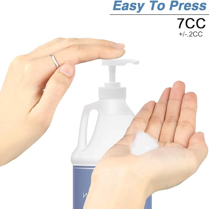 8 Pack Gallon Jug Pump Dispenser 38-400 White Pump for Gallon Jug Dispensing - 7cc Lotion Gallon Shampoo Pump Top Replacement, Fits 1 Gallon Bottle 64oz 128oz Hand Sanitizer Containers, Plus Labels
