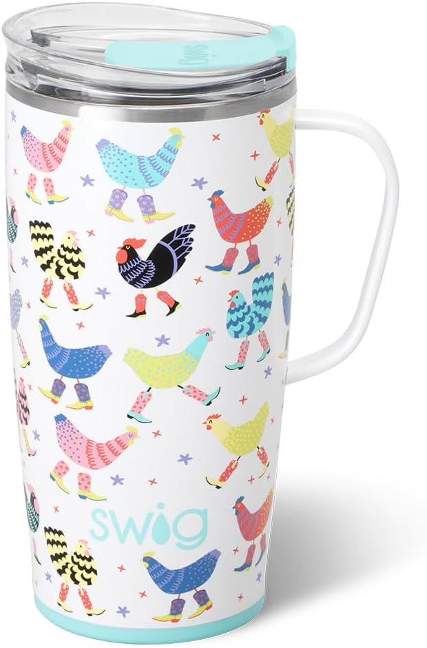 Swig Life 22oz Insulated Travel Mug with Handle & Lid, Funky Chicken | Triple Insulated Stainless Steel - Handle & Lid Included - Keeps Coffee Hot or Cold - Cup Holder Friendly by SwigLife
