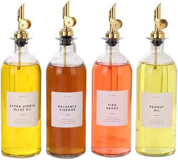 Molimoli Oil and Vinegar Dispenser with Metal Pour Spout, Weighted Pourer, Glass Bottle Dispenser for Kitchen, Olive Oil Cruet, Glass Olive Oil Bottle | 500ml, Set of 4 by MoliMoli