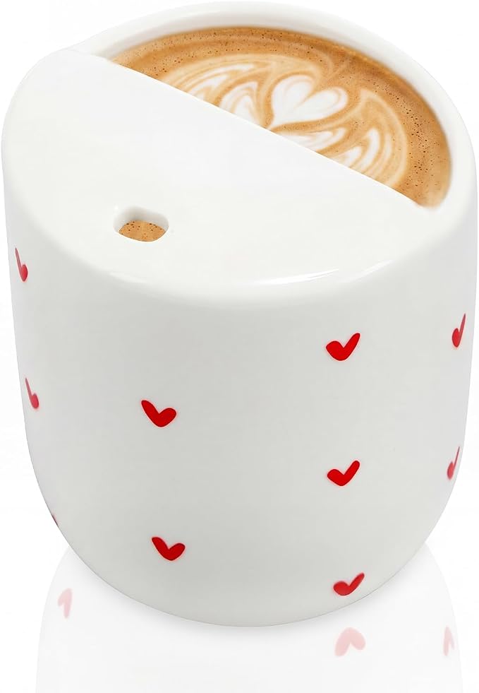 Ceramic Mug with Sip Hole 10 oz Novelty Red Heart Ceramic Coffee Mug Hand Painted Travel Mugs Heat Resistant Non Slip Built in One Lid Handcraft Mugs for Coffee Lovers Appreciation Gift by Ferrochef