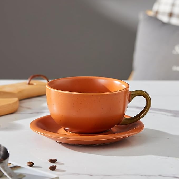 Coffeezone Vintage Design 12 oz Ceramic Latte Art Cappuccino Barista Cup with Saucer (Pumpkin Orange) - Image 2