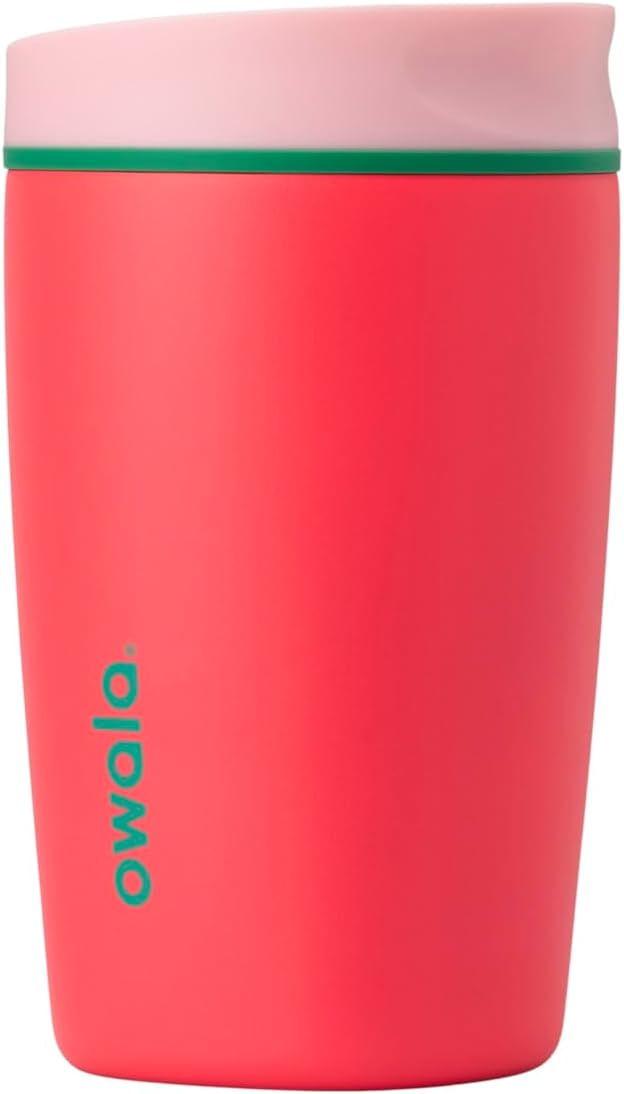 Owala SmoothSip Slider Insulated Stainless Steel Coffee Tumbler, Reusable Iced Coffee Cup, Hot Coffee Travel Mug, BPA Free 12 oz, Pink/Red (Strawberry Fields) by Unknown