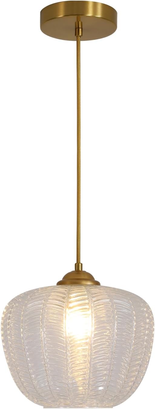 KCO Lighting Clear Glass Pendant Lights Kitchen Island Light Fixture Vintage Ribbed Glass Ceiling Light Antique Brass Pendant Light Gold Globe Pendant Light Fixture by KCOLighting