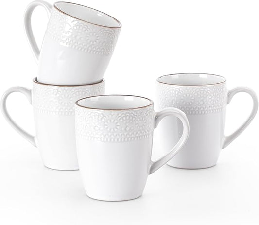 famiware Coffee Mugs Sets for 4, 12 oz Mug Set, Coffee Cups with Handle for Coffee, Tea, Cocoa and Milk, Microwave and Dishwasher Safe, White Floral by Famiware