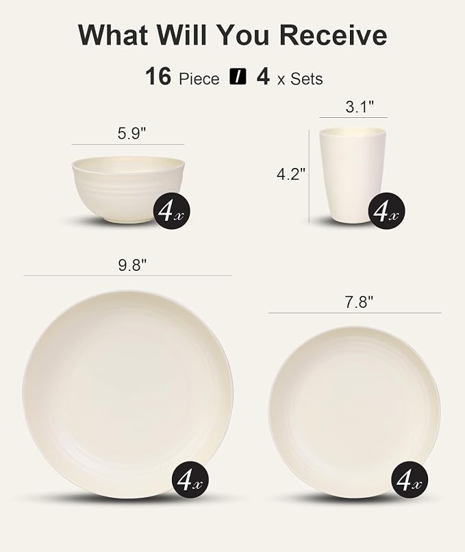 Quatish 16 Piece Plates and Bowls Sets for 4, Unbreakable Dinnerware Sets, Plastic Dish Set for Camping, Dishwasher Microwave Safe, Outdoor Kitchen and Apartment Dorm Dinning RV Essentials, Beige - Image 2