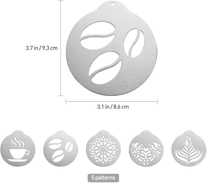 5Pcs Stainless Steel Coffee Decorating Stencils Metal Foam Latte Art Templates, Reusable Barista Cappuccino Chocolate Templates Coffee Garland Mould Cake Decorating Tool
