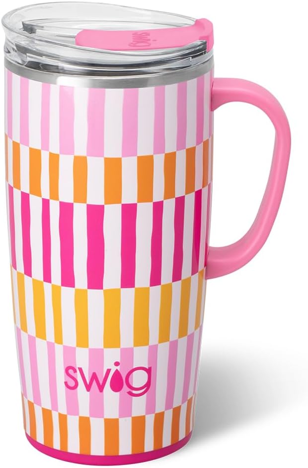 Swig Life 22oz Insulated Travel Mug with Handle & Lid, Sherbet Stripe | Triple Insulated Stainless Steel - Handle & Lid Included - Keeps Coffee Hot or Cold - Cup Holder Friendly by SwigLife