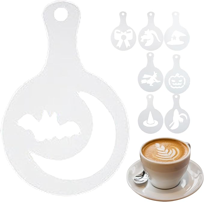 Coffee Stencils - Latte Art Printer, 8 Piece Halloween Design Kit, Reusable Decoration Template, Creative Baking Mold | Tool for Bread, Cake, Cappuccino, Dessert Art, Restaurant or Home