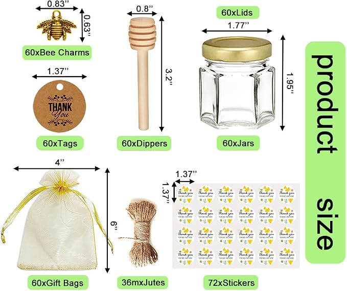 Adabocute 60 Pack Mini Honey Jars with Dipper - Honey Pot with Gold Lid, Bee Pendants, Jutes, Gift Bags and Stickers - For Baby Shower Wedding Favors - Image 2