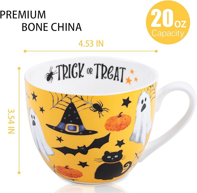 Orange Halloween Hug Mug – 20oz Bone China Coffee Mug with Black Cat, Ghost, Pumpkin & Bat, Perfect Fall Gift for Halloween Lovers, Designed in England by Harvest Green Studio - Image 2
