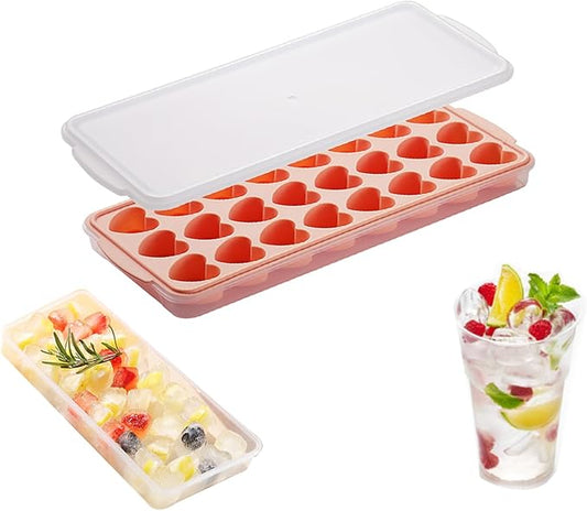 Heart-Shaped Ice Cube Trays With Lid and Bin- 24 Holes Silicone Fun Ice Cube Tray, BPA Free and Dishwasher Safe, Mini Cute Shape Ice Cube Mold, Easy to Remove With Lid (Pink)