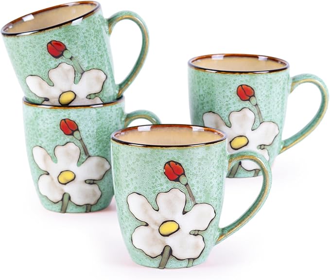 12oz Coffee Mugs Set of 4, Hand-Painted Floral Stoneware Cups with Handle, Dishwasher Microwave Oven Safe, Cappuccino Mugs for Latte, Tea, Espresso & Hot Cocoa, for Home Kitchen & Cafe, Green by WHITEPENOY