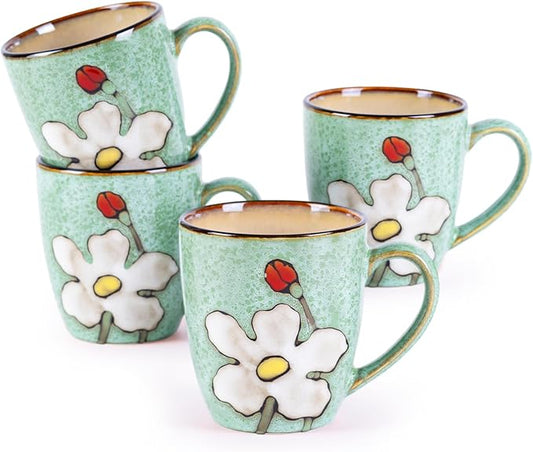 12oz Coffee Mugs Set of 4, Hand-Painted Floral Stoneware Cups with Handle, Dishwasher Microwave Oven Safe, Cappuccino Mugs for Latte, Tea, Espresso & Hot Cocoa, for Home Kitchen & Cafe, Green by WHITEPENOY
