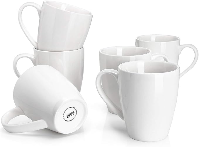 Sweese Porcelain Coffee Mugs - 16 Ounce - Set of 6, Cups for Latte, Hot Tea, Cappuccino, Mocha, Cocoa, White by Sweese