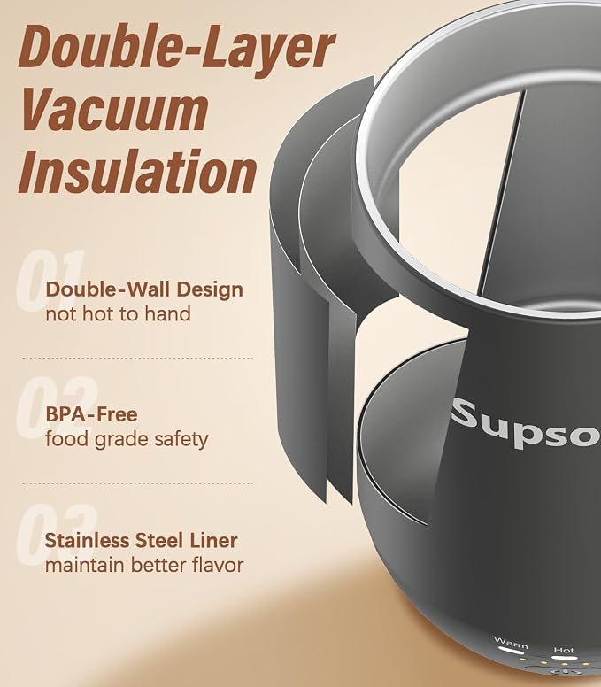 Supsonic - 16oz Self Heating Coffee Mug, Smart Heated Coffee Mug Faster Direct-Contact Heating Up to 149°F, Coffee Mug Warmer Set with Auto Shut-Off - Gifts for Men Women | S2 - Image 6