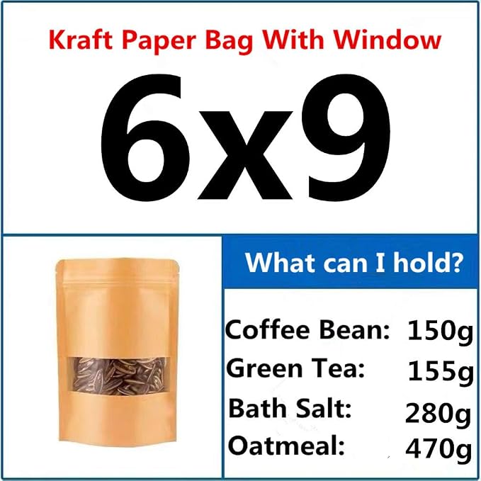 Kraft Heat Sealable Stand Up food Pouches Paper Mylar Bags With Clear Window And Zipper, Heavy Duty Decorative Resealable Recycled For DIY Homemade Chips Candy Cookies Christmas (50pcs 6x9+3.2 inch) - Image 3