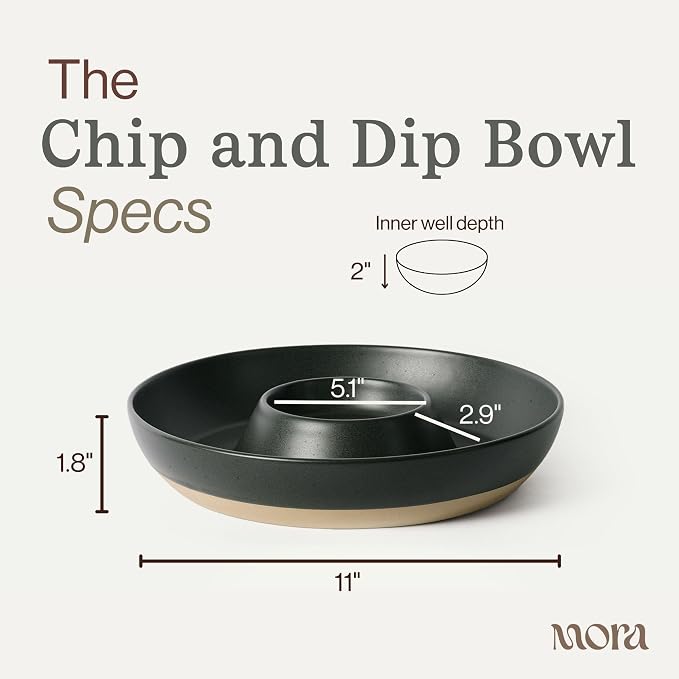 MORA Ceramic Chips and Dip Serving Tray: Large Divided Party Bowl Set for Chips & Salsa, Veggies & Dip, Fruit, Snacks, Entertaining, Hosting, etc. Minimalist Design for the Modern Hostess - Liquorice - Image 2