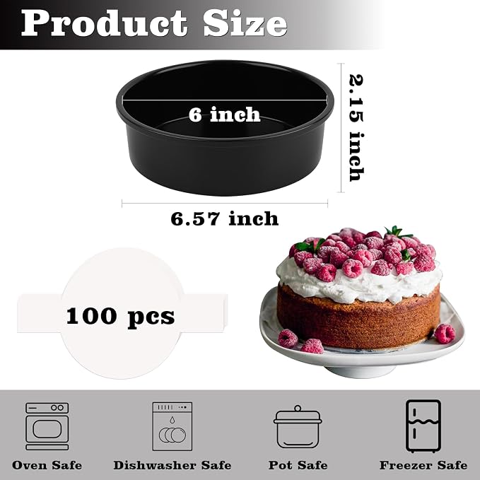 HUAKENER 6 Inch Cake Pan, 6" Round Cake Pan with Parchment Paper | Set of 3 Round Cake Pans with 100 Pieces Parchment Paper, Non-stick Cake Baking Pans, Dishwasher Safe - Image 2
