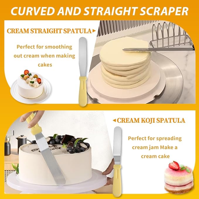Yellow baking tools set, Yellow gold Cake Turntable kit with 10 Large Piping Tips, 50 Piping Bags&2Ties, 2 Spatulas,3Icing Scrapers,spring sunshine baking kit pastel colors for Cake Decorating
