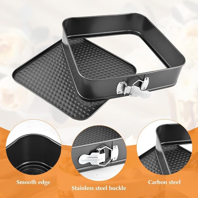 Set of 3 Springform Cake Tins Heavy Duty, Double Layer Non-Stick Coating, Removable Base, Heavy Duty Carbon Steel, Perfect for Frozen Desserts - Oven Safe Bakeware(SIZE:square) - Image 5