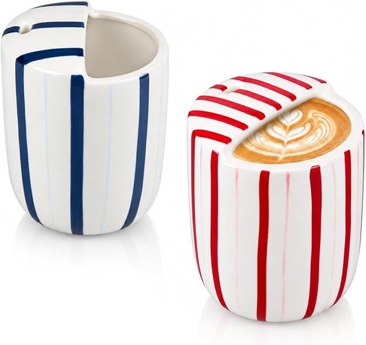 2 Pcs Ceramic Mug with Sip Hole 10 oz Deep Blue Red Striped Ceramic Coffee Mug Hand Painted Travel Mugs Heat Resistant Non Slip Built in One Lid Mugs for Coffee Lovers Appreciation Gift by Ferrochef