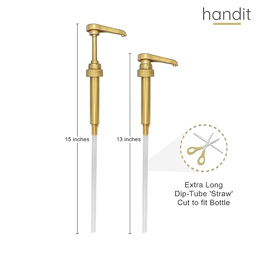 HANDIT - Gold Coffee Syrup Pumps with Tip Covers | Fits 25.4oz/750ml Liter Torani, Skinny, Davinci | Fits Monin Plastic 33.8oz Bottles | Does Not Fit Monin Glass 750ml | 3 w/Covers