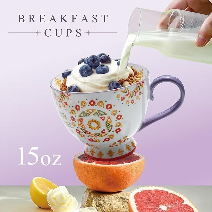 Large Ceramic Coffee Mugs Set of 2,15 oz Stoneware Coffee Cups with 2 Saucers,Underglaze Hand-Painted Cup For Coffee/Cereal/Beer,Festivals and Housewarming Gifts For Family And Friends - Image 3