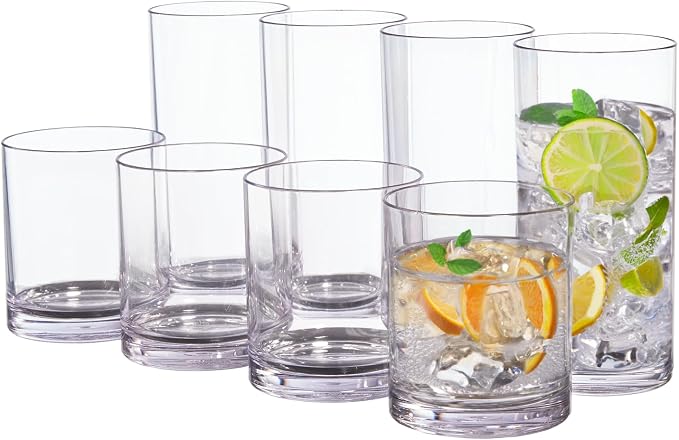 US Acrylic Classic Clear Plastic Reusable Drinking Glasses (Set of 8) 12oz Rocks & 16oz Water Cups | BPA-Free Tumblers, Made in USA | Top-Rack Dishwasher Safe by USAcrylic
